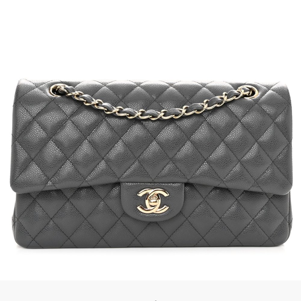 Chanel 22A Grey Quilted Lambskin Medium Classic Double Flap Bag